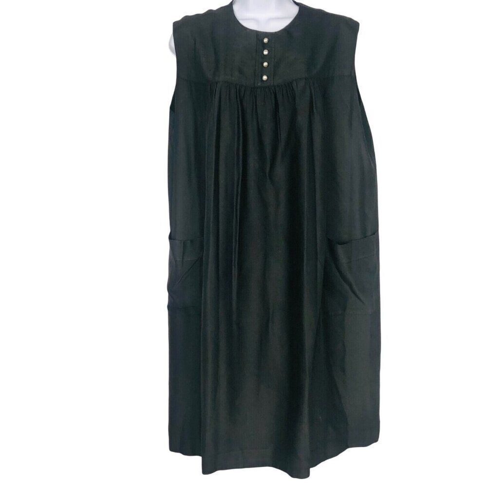 Vintage 60s Womens Shift Dress Size L Black Sleeveless Metal Zipper Pockets